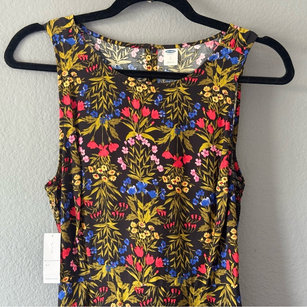 Old Navy Black Floral Midi Dress with Pink Red Blue Accents